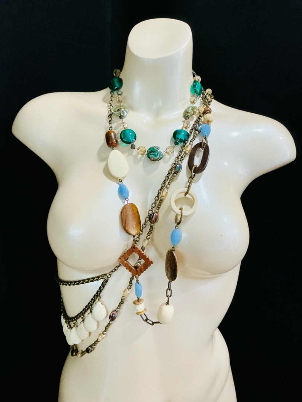Multi-Strand Beaded Glass Wood Statement Necklace’s Multi Colored Southwestern - Picture 6 of 16